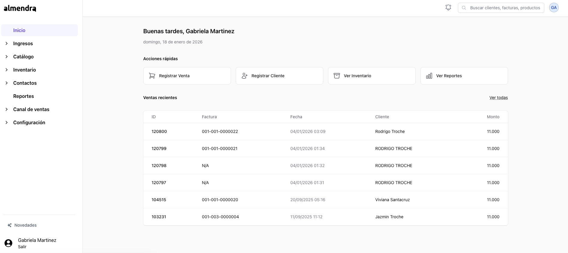 Dashboard de Almendra - Sistema de gestión para PyMEs